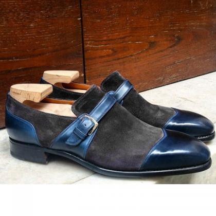 Monk Gray Blue Single Strap Buckle Suede Leather..