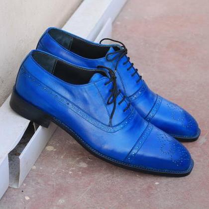 Blue Balmoral Handmade Semi Brogue Genuine Leather..