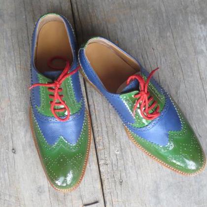 Two Tone Green Blue Medallion Wingtip Oxford..