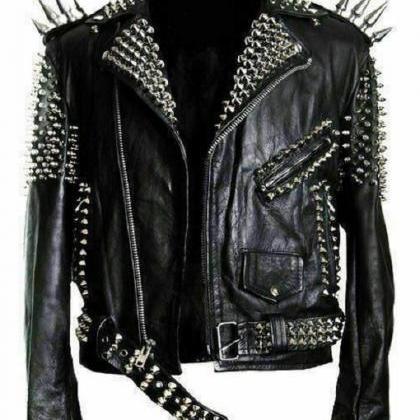 Silver Spike Studs Premium Leather Bikers Pockets..