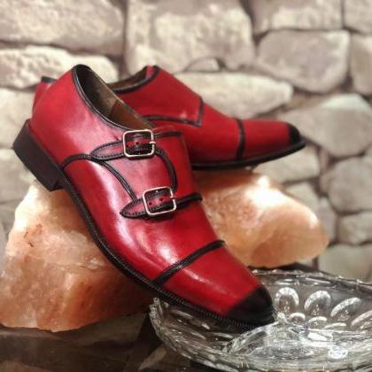 Luxury Monk Shoes In Red Patina Double Buckle..