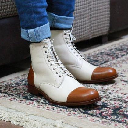 Stylish Cap Toe Ankle Boots, Handmade, Two Tone,..