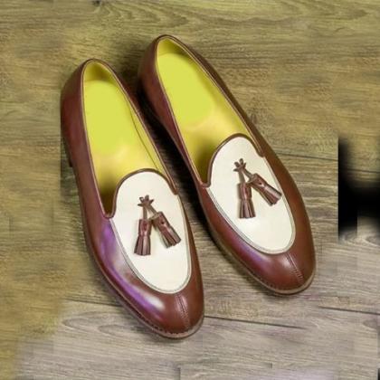 Handmade Tassel Loafers Shoes For Men Two Tone..