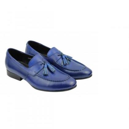 Apron Toe Blue Tassel Loafers Shoes For Men Custom..