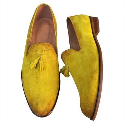 Mustard Suede Tassel Loafers For Men Real Leather..