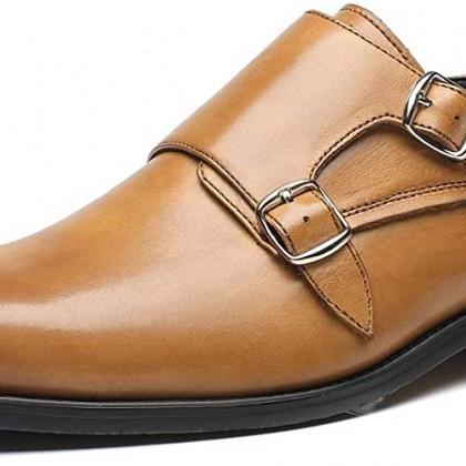 Plain Toe Double Strap Monk Shoe In Tan Brown..