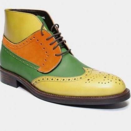 Ankle Brogue Boots In Multicolor For Men Handmade..