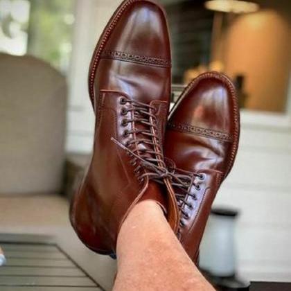 Brown Cap Toe Ankle Boots For Men Lace Up Genuine..