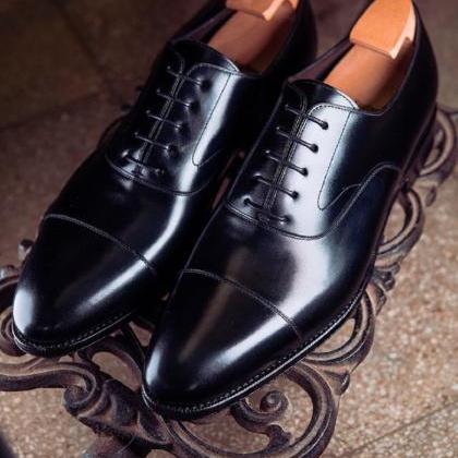 Daily Oxfords In Black Cap Toe Lace Up Handmade..