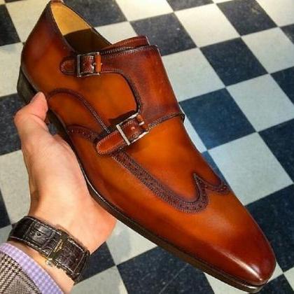 Customize Tan Wingtip Pointed Toe Pure Cowhide..