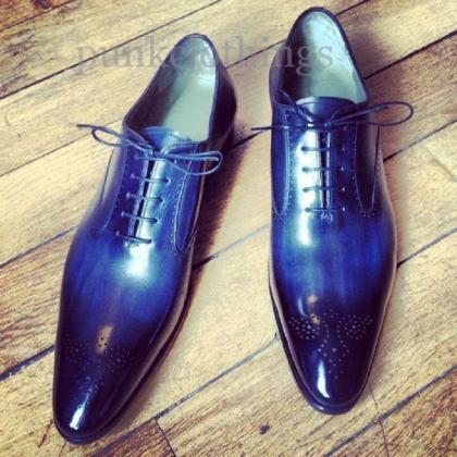 Oxford Blue Patina Burnished Real Leather Brogue..