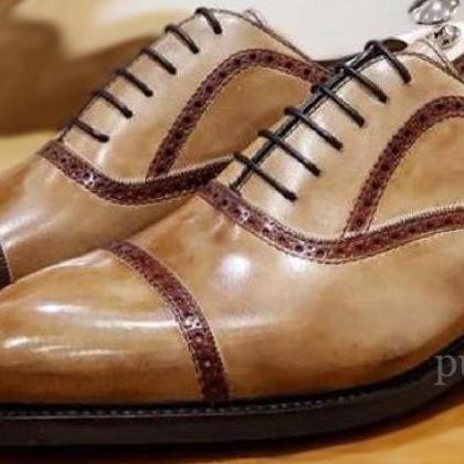 Handmade Tan Patent Oxford Premium Leather Lace Up..