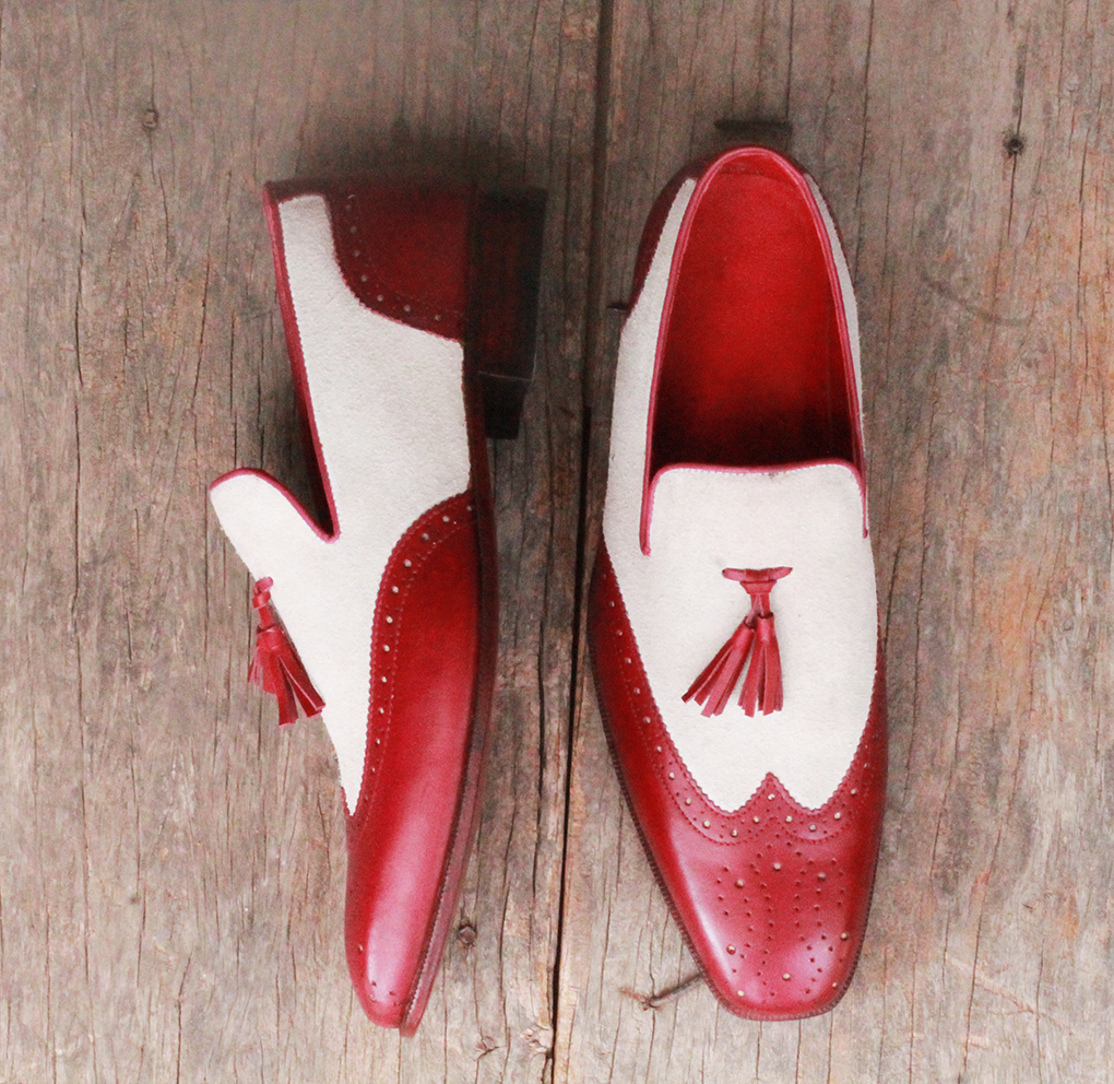 Two Tone Red White Tassel Wingtip Medallion Premium Leather Men Loafer Shoes