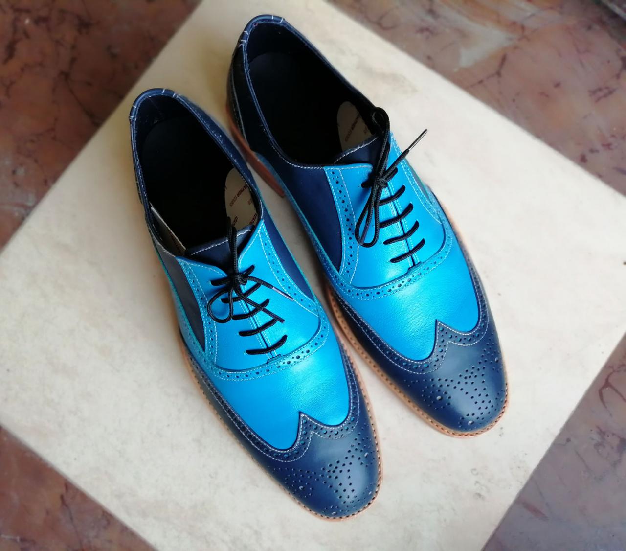 Balmoral Blue Full Brogue Wingtip Contrast Sole Real Leather Formal Lace Up Men Dress Shoes