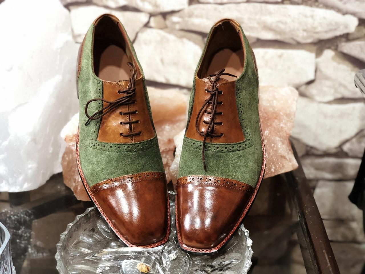 Customize Two Tone Brown Green Suede Leather Throat Cap Toe Oxford Lace Up Shoes
