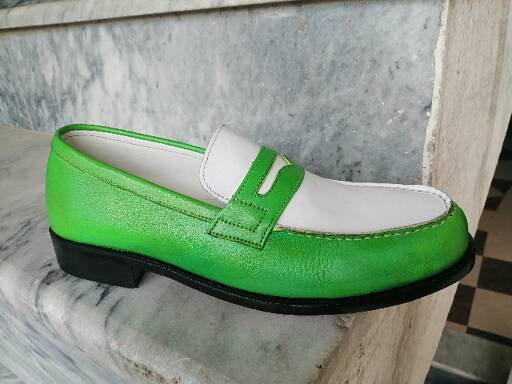 Stylish Green White Two Tone Penny Loafer Slip On Real Leather Moc Toe Men Shoes