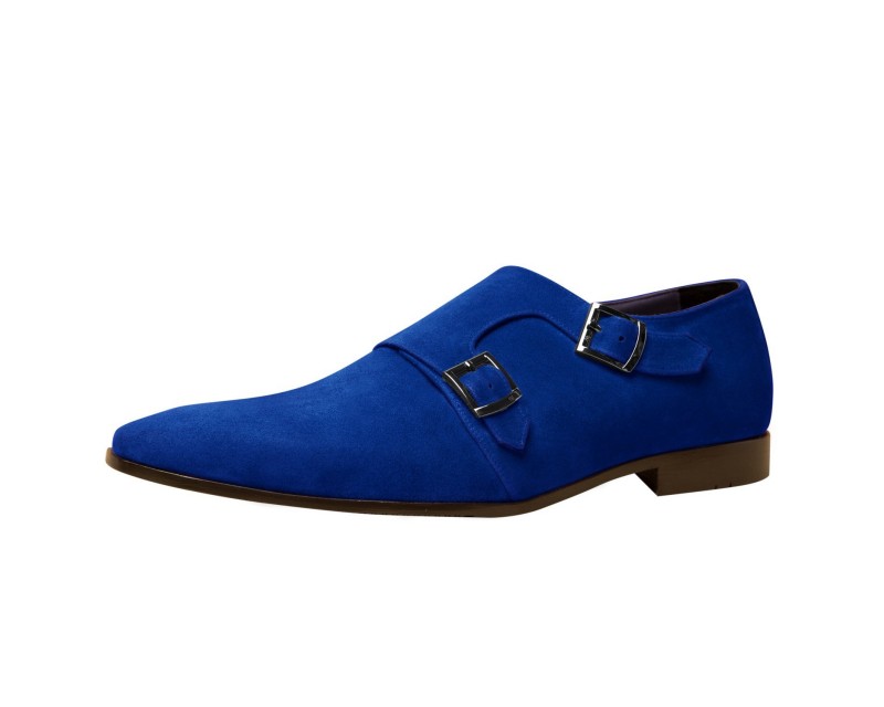 Monk Customize Blue Suede Leather Dual Strap Buckle Men Pointed Toe Shoes