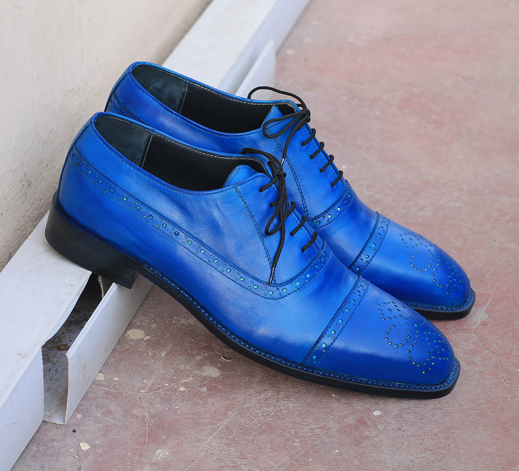 Blue Balmoral Handmade Semi Brogue Genuine Leather Cap Toe Men Lace Up Shoes