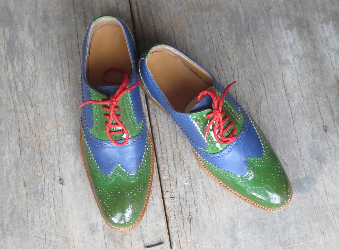 Two Tone Green Blue Medallion Wingtip Oxford Leather Contrast Sole Lace Up Shoes