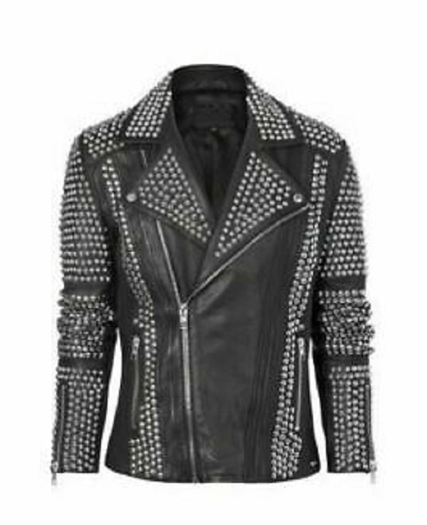 Customize Biker Zipper Wear Silver Studded Real Leather Lapel Collar Punk Jacket