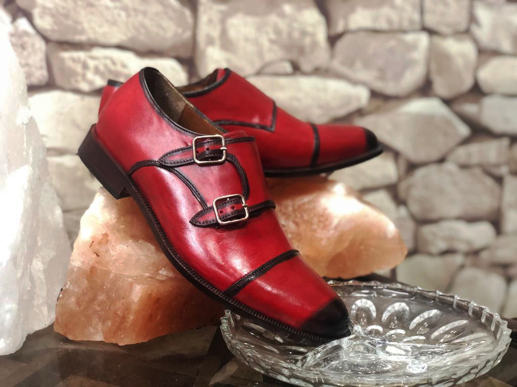 Luxury Monk Shoes In Red Patina Double Buckle Strap Premium Leather Party Shoes