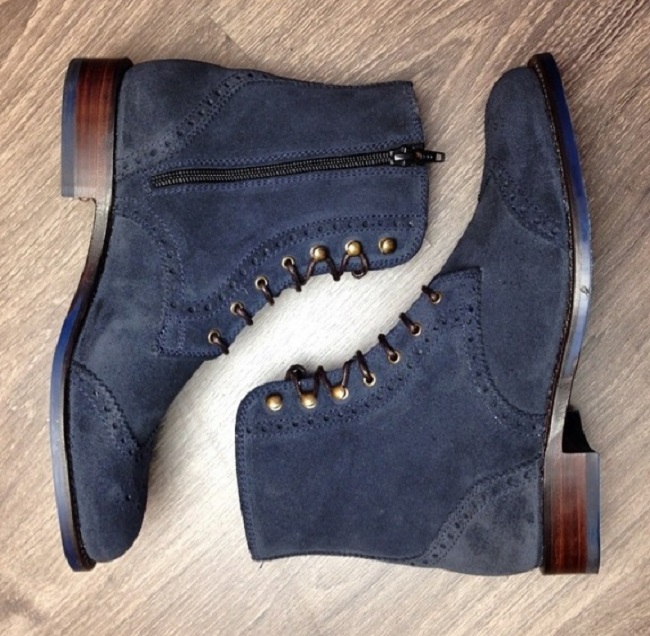 Wingtip Suede Leather Ankle Boots, Side Zip Closure And Lace Up, Blue Color