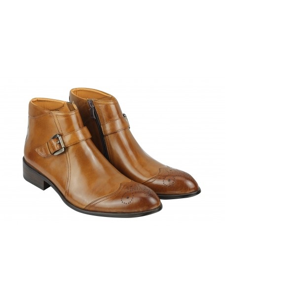 Men Tan Brown Jodhpur Ankle Boots Genuine Leather Wingtip Medallion Buckle Strap