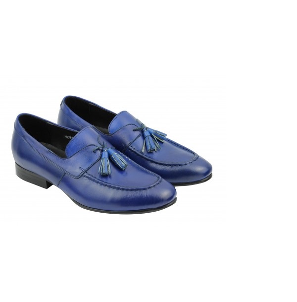 Apron Toe Blue Tassel Loafers Shoes For Men Custom Made Slip On Pure Leather
