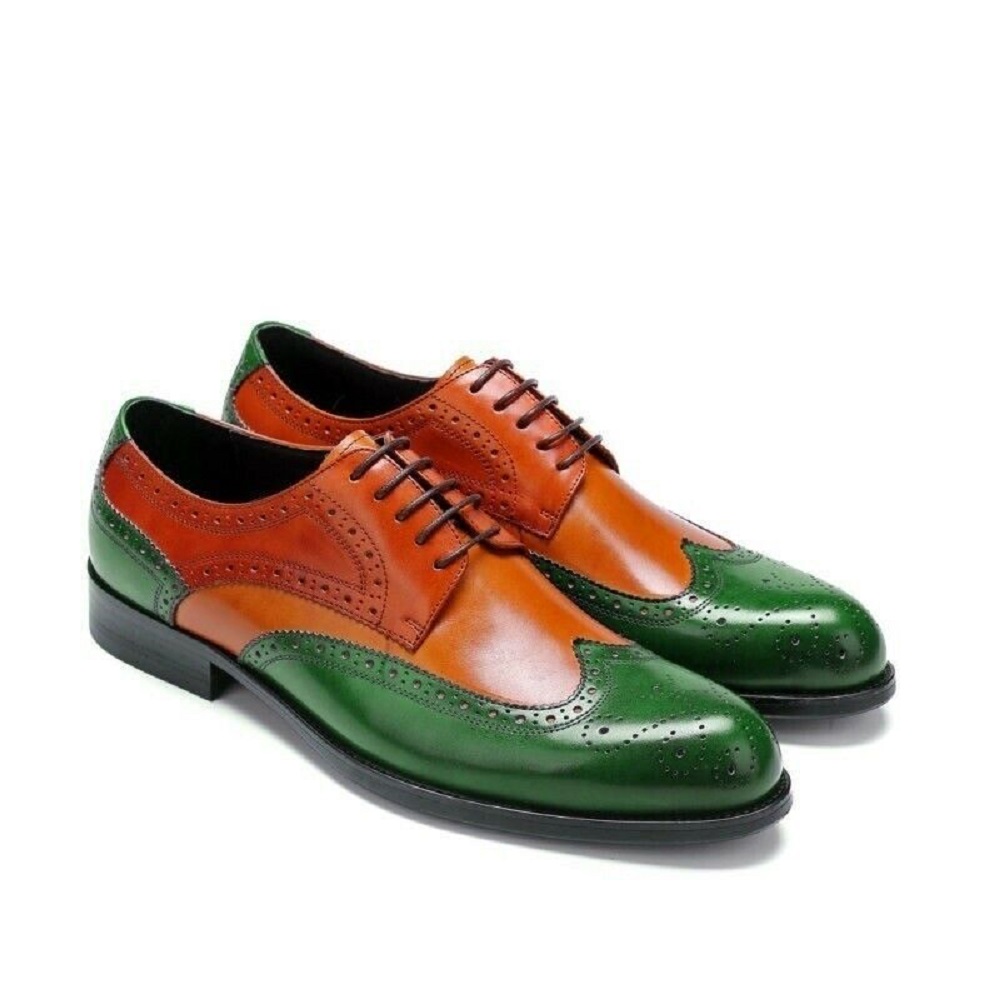 Men's Multicolor Derby Shoes Wingtip Medallion Toe Lace Up 100% Leather Handmade