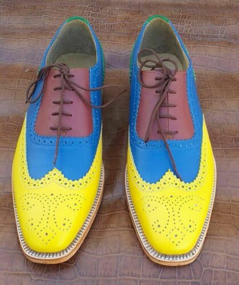 Colorful Full Brogues Oxfords For Men Wingtip Lace Up Real Leather Custom Made