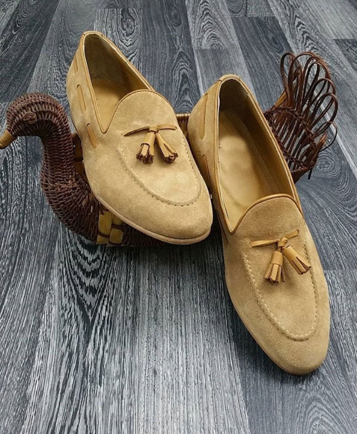 Full Suede Leather Men's Tassel Loafer Apron Toe Slip On Handmade Quality Shoes