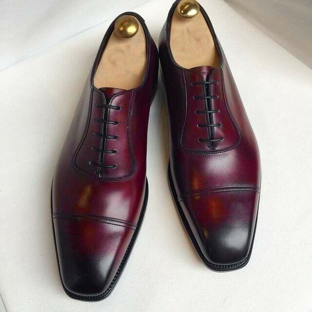 Burgundy Oxford's For Men Cap Toe Lace Up Shoes Fully Handmade Premium Leather
