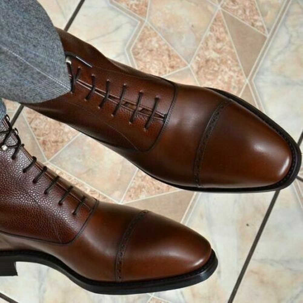Cap Toe Men's Ankle Boots Contrast Sole Lace Up Premium Leather Made To Measure