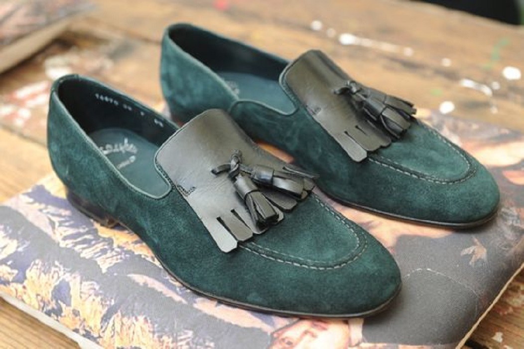 Green Tassel Loafer Apron Toe Premium Suede Leather Handmade Formal Party Shoes