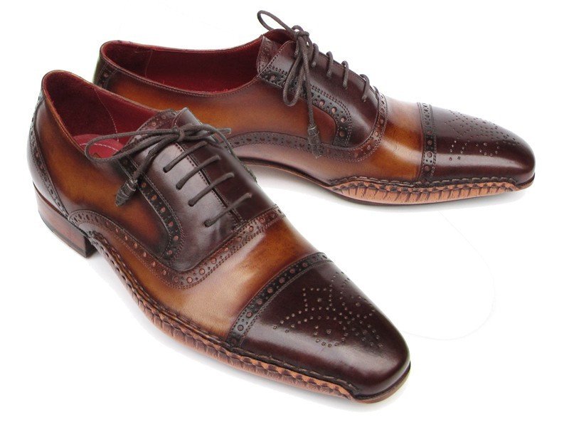 Men Handmade Oxford Tan Brown Patina Cowhide Leather Brogue Cap Toe Formal Shoes