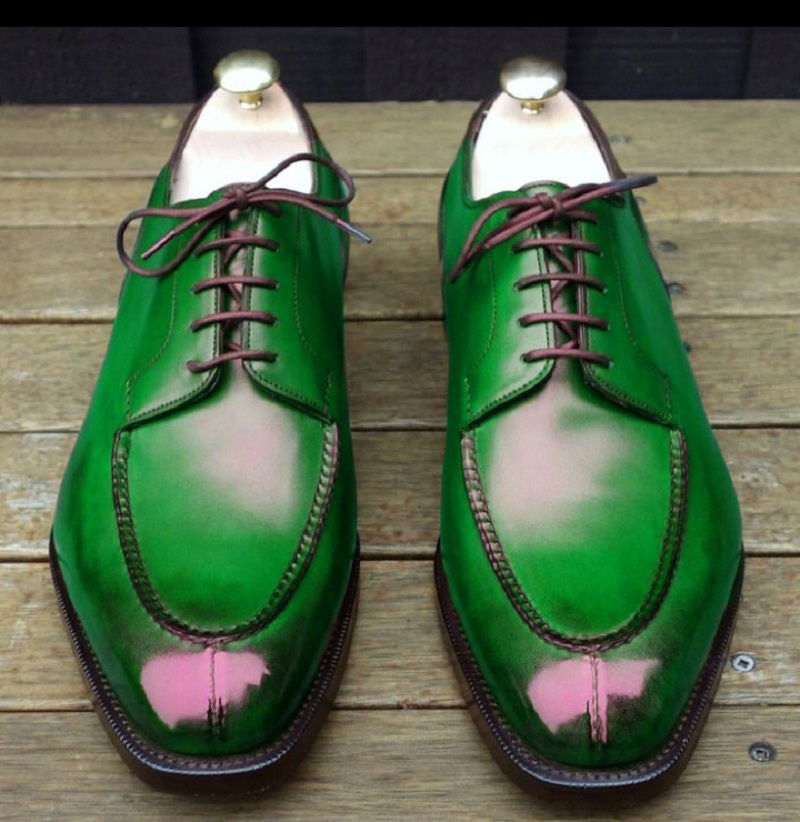 Customize Split Moc Toe Green Patina Premium Cowhide Leather Derby Formal Shoes