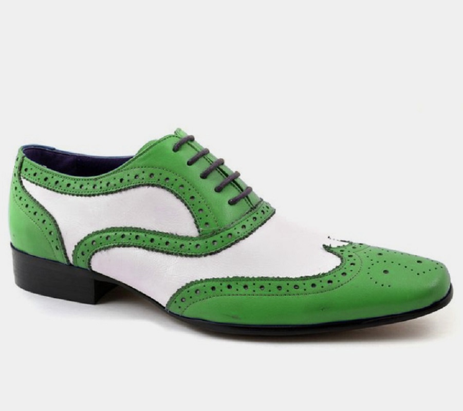Handmade Green White Oxford Patina Wingtip Real Leather Lace Up Formal Shoes