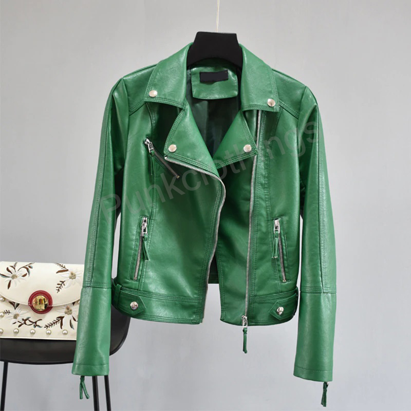 Customize Handmade Green Premium Cowhide Leather Women Zippered Fashion Jacket