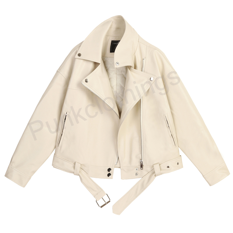 Handmade White Brando Zip Closure Lapel Collar Cowhide Leather Fashion Jacket