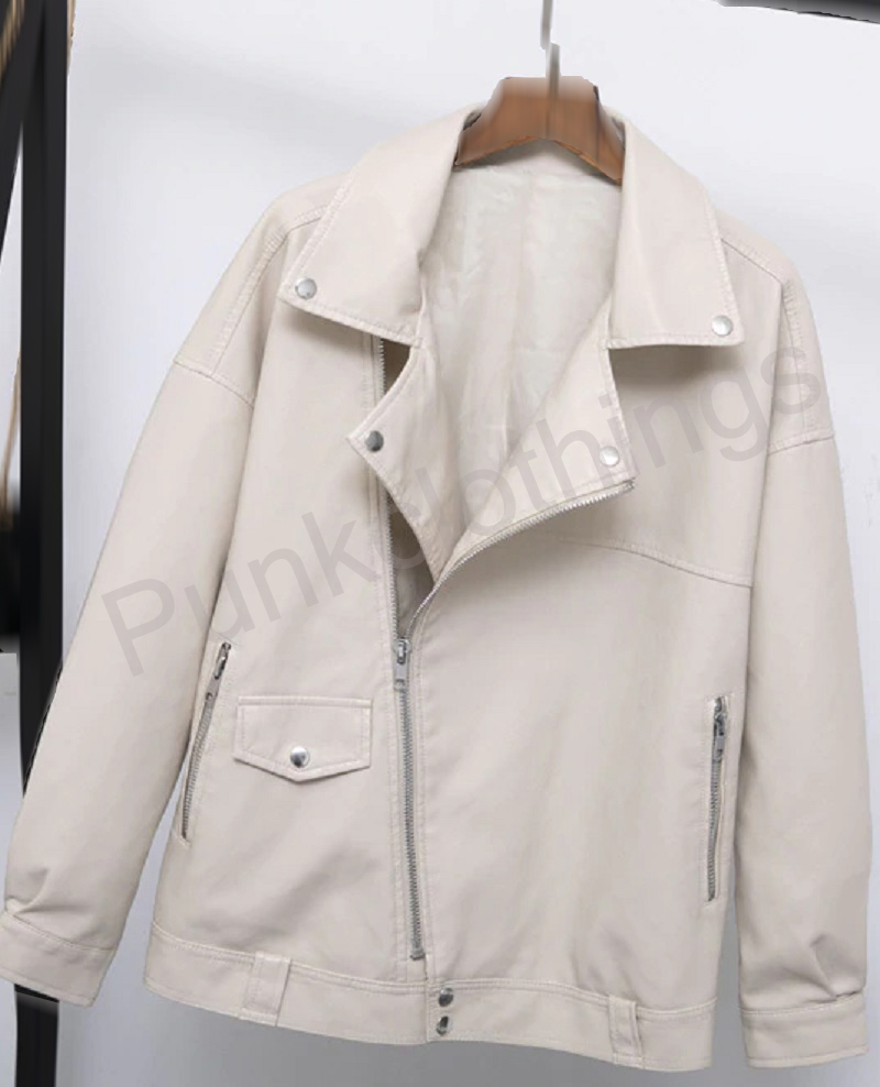 Handmade White Color Zip Closure Genuine Leather Women Motorbike Lapel Jacket