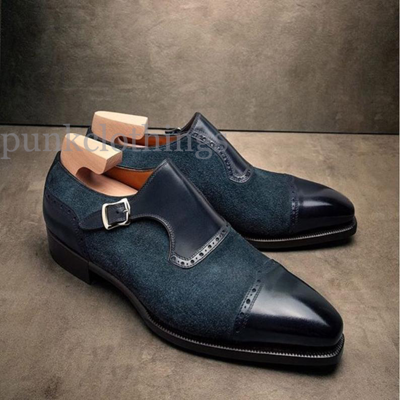 Navy Blue Monk Strap Quarter Brogue Cap Toe Handmade Suede Leather Formal Shoes