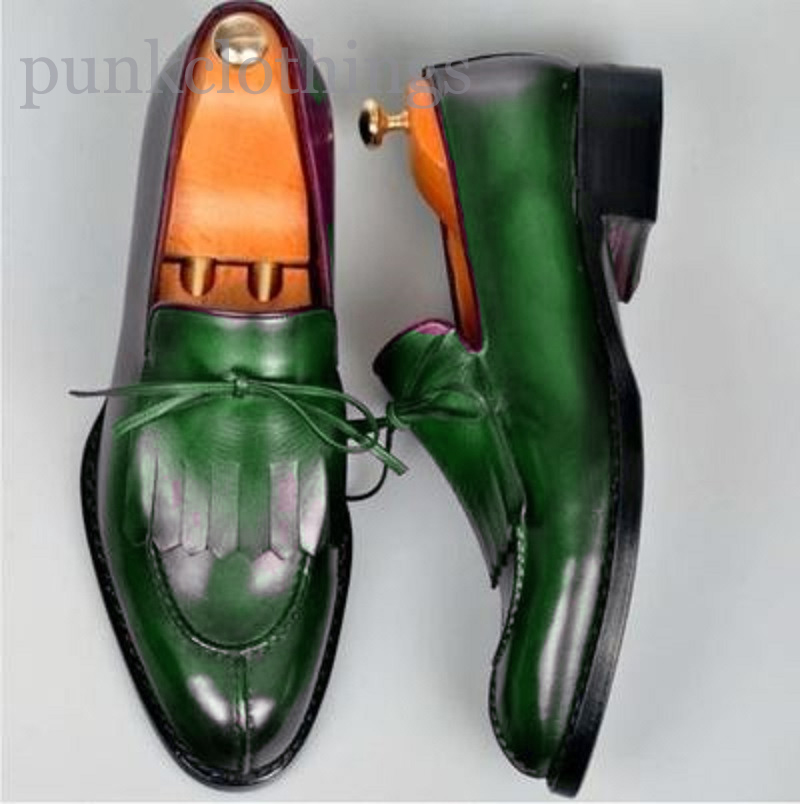 Forest Green Moccasin Kiltie Loafer Slip On Fringed Split Toe Men Leather Shoes