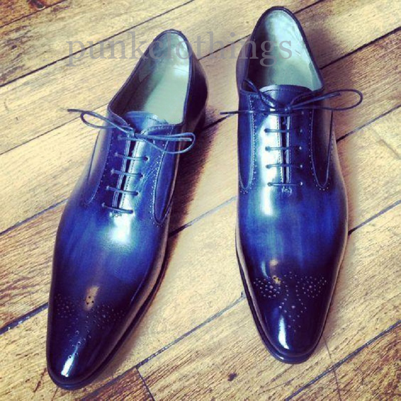 Oxford Blue Patina Burnished Real Leather Brogue Lace Up Handmade Formal Shoes