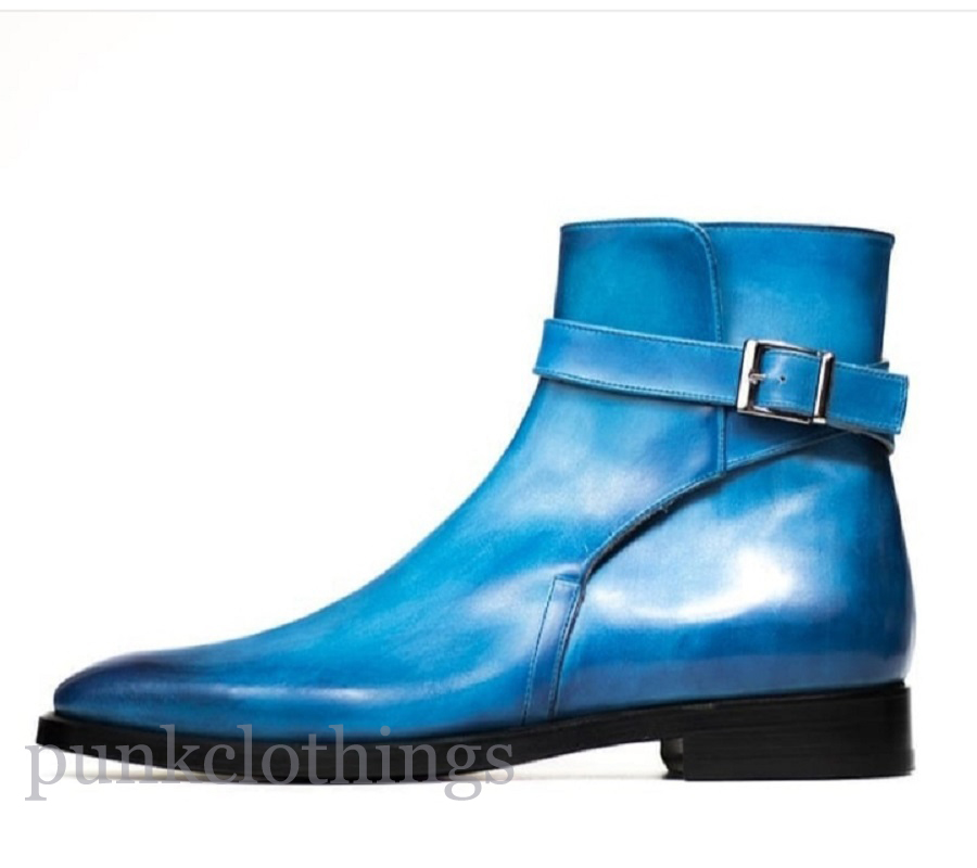 Jodhpur Blue Patina Round Buckle Strap Cowhide Leather Handmade High Ankle Boots