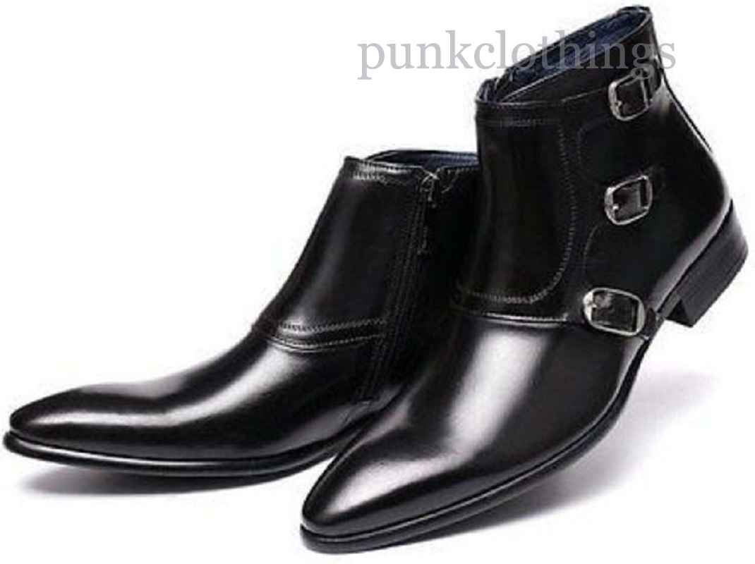 Triple Monk Strap Black Patent Zipper Cow Skin Leather Men Handmade Ankle Boots