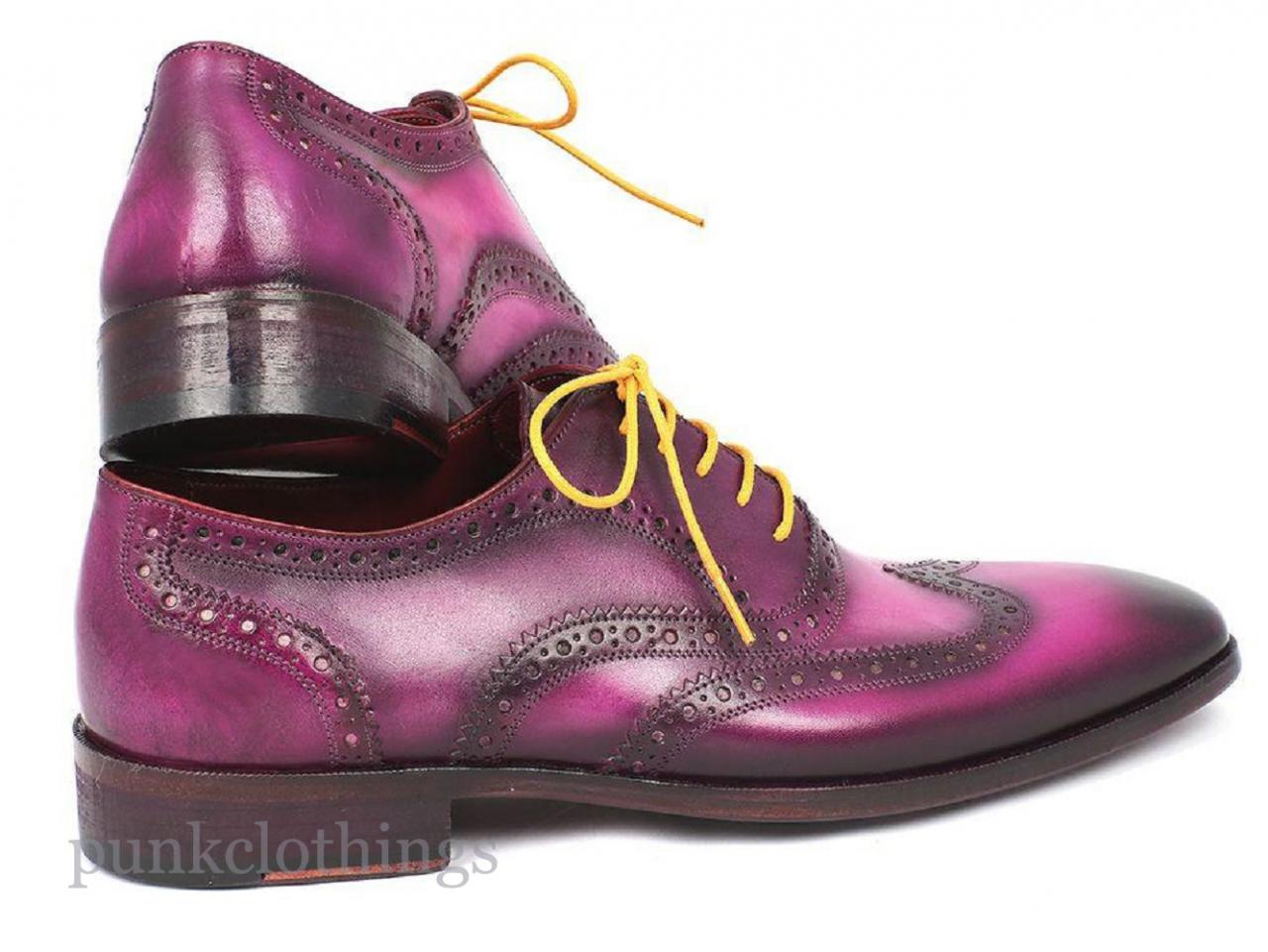 Handmade Oxford Violet Burnished Real Leather Wingtip Yellow Laces Formal Shoes