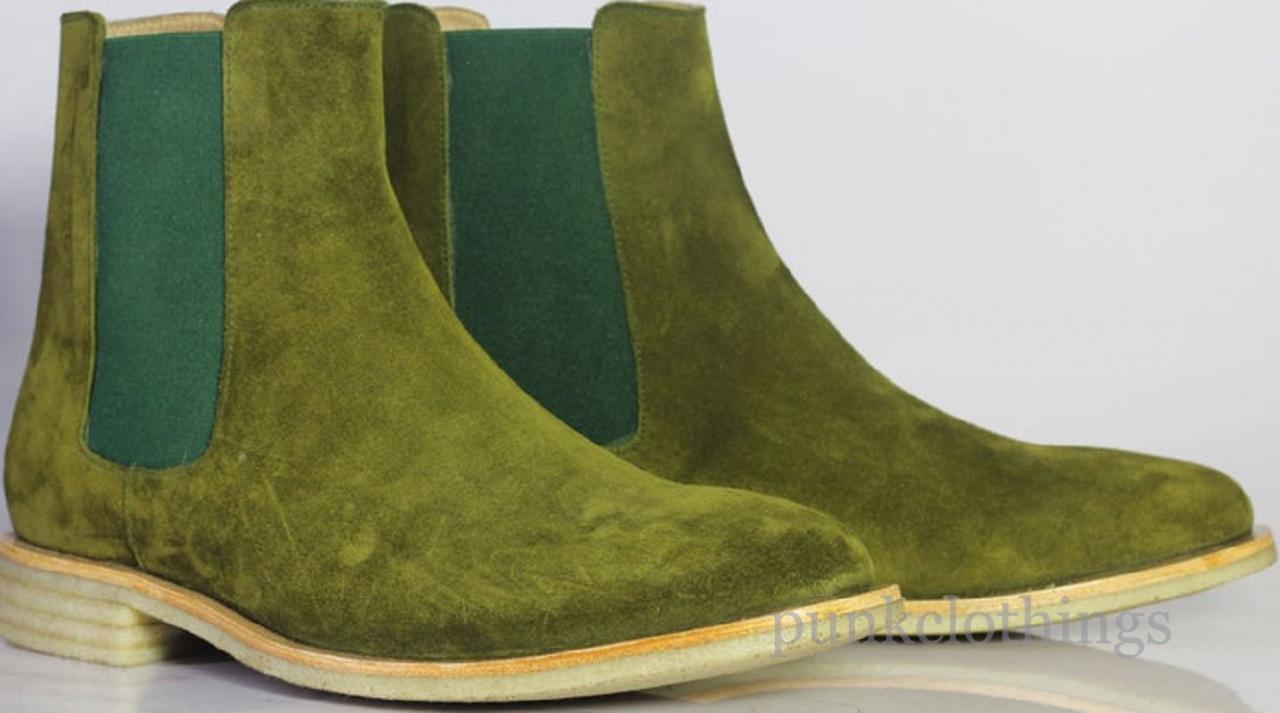 Jumper Olive Green Chelsea Pull On Pure Suede Leather Elastic Gores Ankle Boots