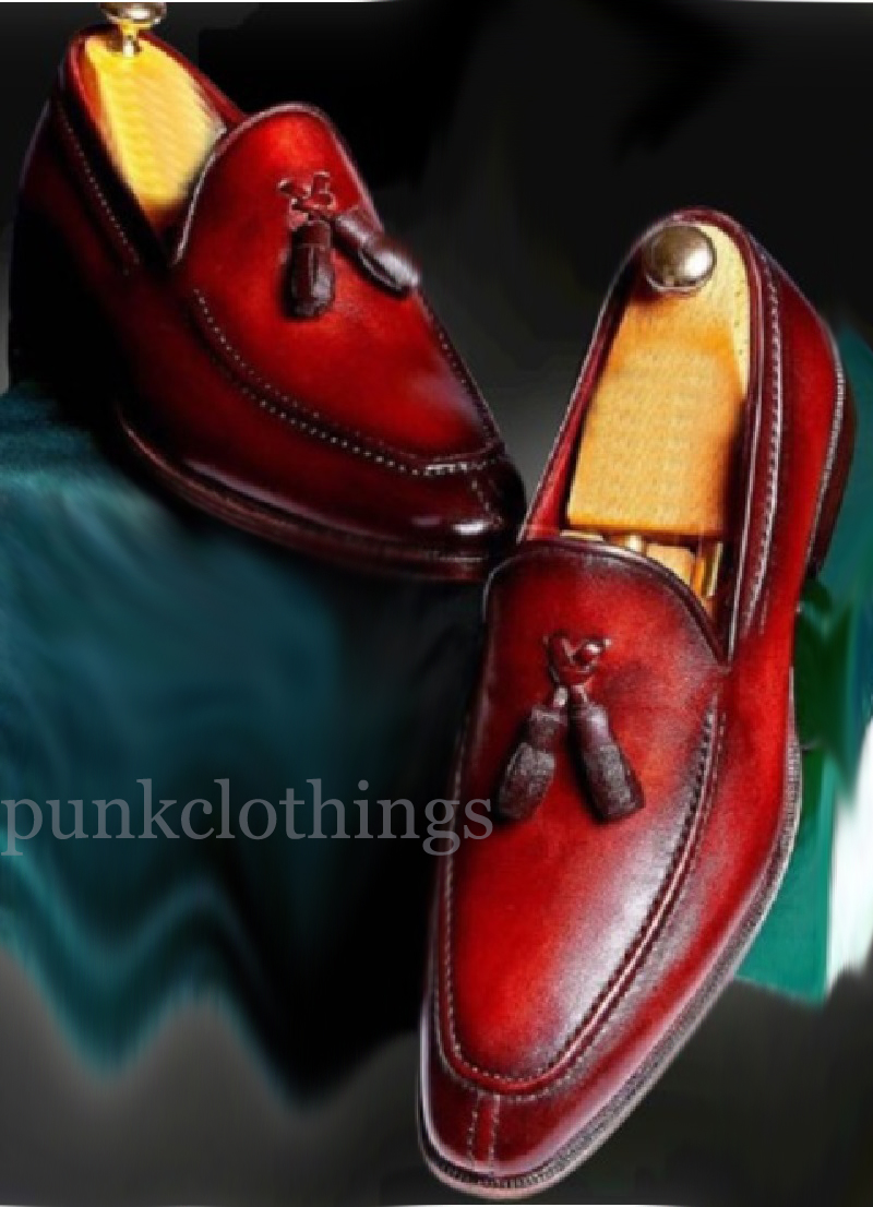 Loafer Burgundy Pull On Tassels Apron Split Toe Premium Leather Formal Shoes