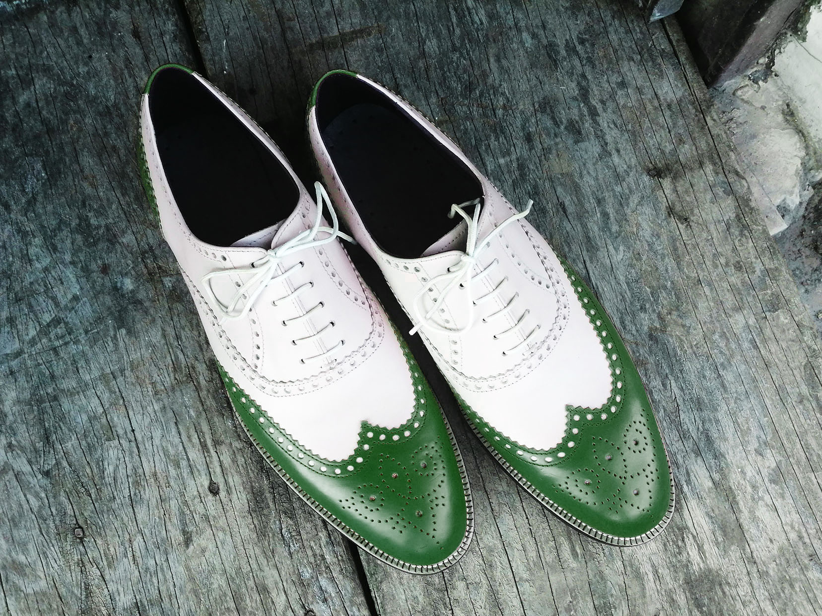 Customize Green White Oxford Patina Brogue Wingtip Genuine Leather ...